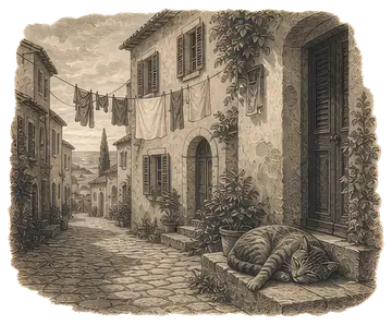 A peaceful cobbled street featuring pastel-colored houses with shuttered windows, where a cat sleeps on a warm doorstep. Laundry flutters gently on a line overhead, adding to the serene atmosphere of,