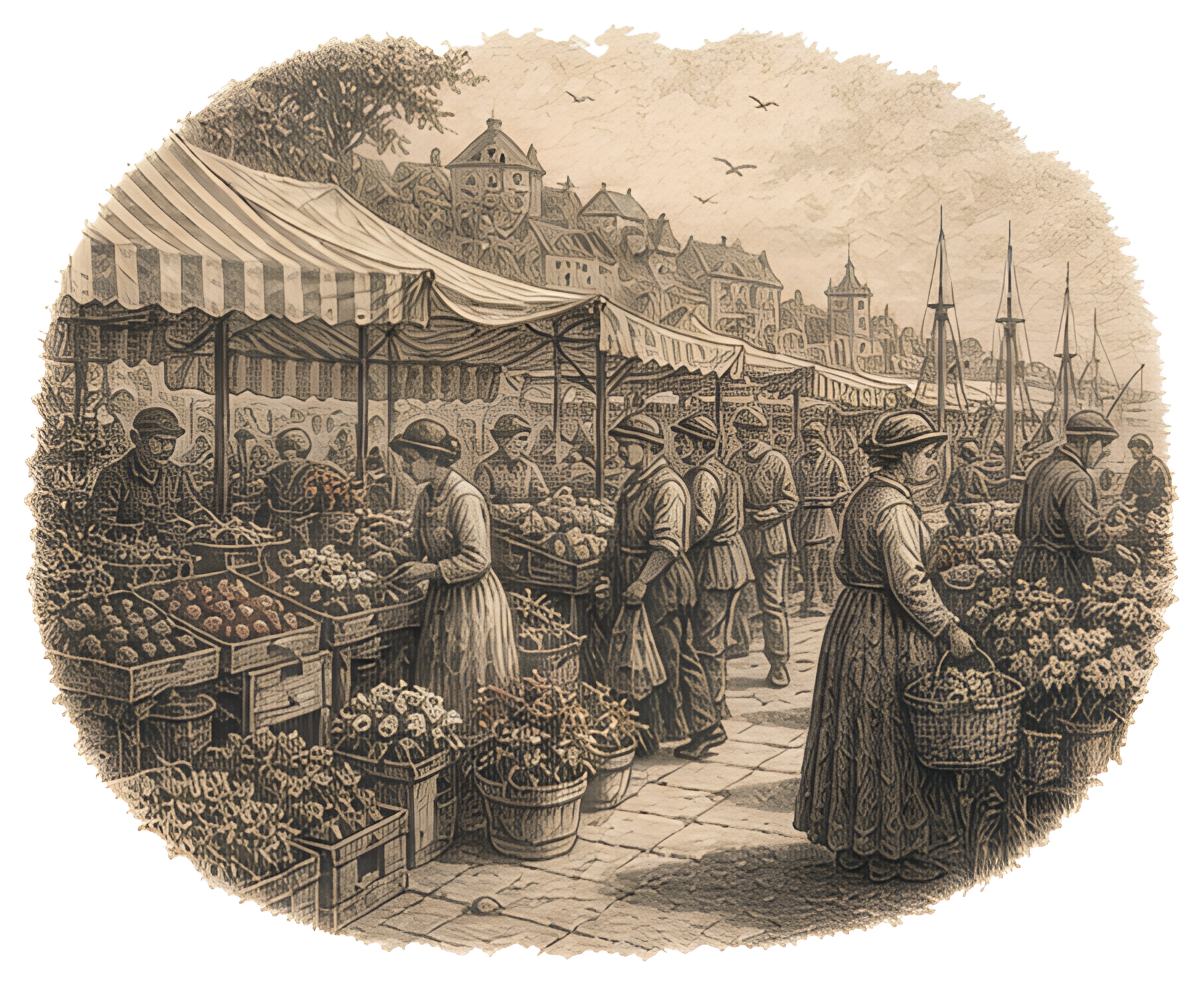 Bustling seaside market with fruit and flower stalls