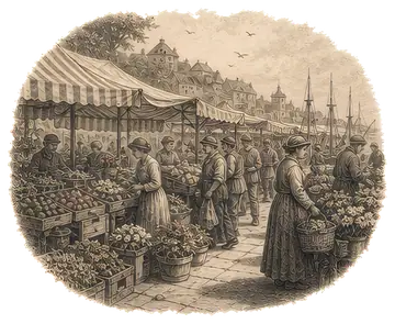 A lively open-air market scene featuring various stalls brimming with fruits and flowers under striped awnings. Shoppers in period attire are seen carrying baskets, interacting with vendors, and the背景