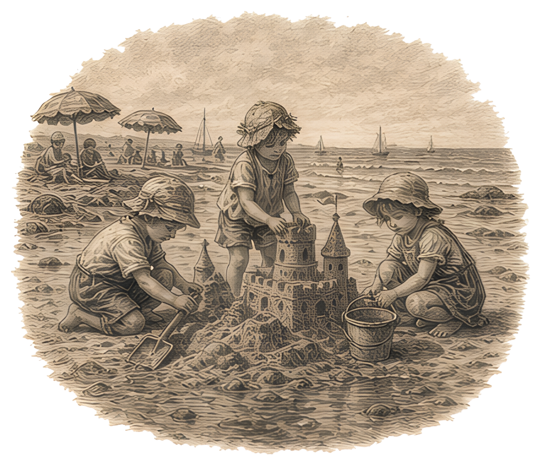 Three children joyfully build a detailed sandcastle at low tide, surrounded by a shimmering beach with scattered umbrellas in the background. The scene features playful hues of brown and blue, evoking