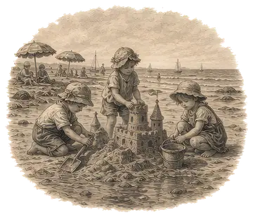 Three children joyfully build a detailed sandcastle at low tide, surrounded by a shimmering beach with scattered umbrellas in the background. The scene features playful hues of brown and blue, evoking