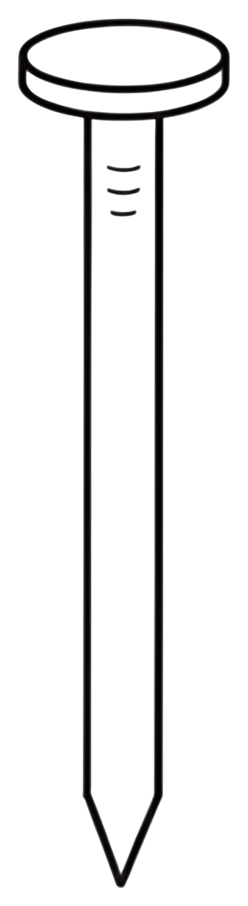 A minimalist side view of a simple nail showcasing a flat round head and a pointed tip, drawn in clean lines. The design is outlined in black on a white background, emphasizing its shape and features.