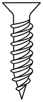 A simple black icon depicting a wood screw from the side, showcasing its tapered pointed tip, coarse threads, and flat countersunk head. The design is outlined in black with a transparent background,呈