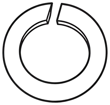 A face-on view of a split spring lock washer, showcasing a visible gap and slightly twisted ends. The design is minimalist and primarily in black with grey accents, set against a white background.